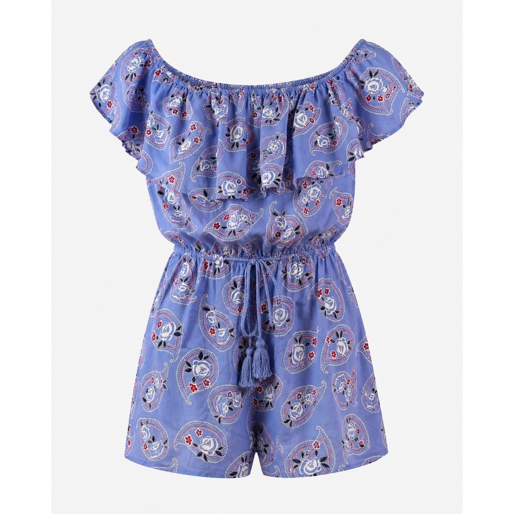 Off Shoulder Paisley Romper Women M Blue Boho Festival Drawstring Waist Summer‎